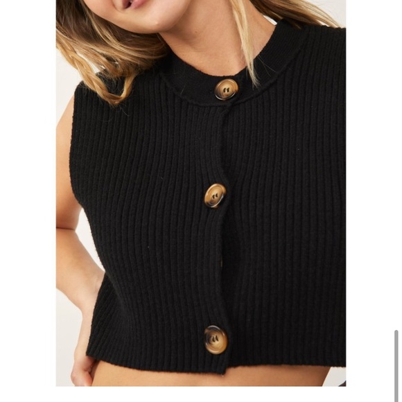 Free People- Three Button Crop Sweater- Ribbed Black - Picture 4 of 10